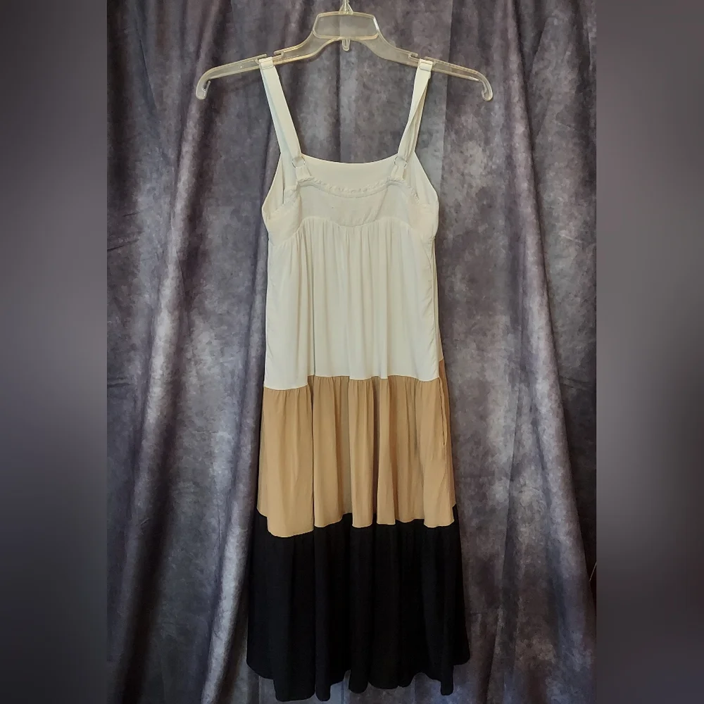 Anthropologie Square-Neck Tiered Colorblock Midi Dress Neutral Size Small - Picture 3 of 8